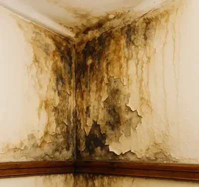 Flaking, discolored, moldy walls from water damage.