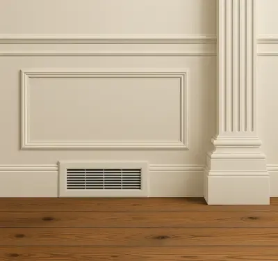 Home interior with wood flooring and white walls with vent.