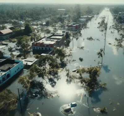 Aerial view of hurricane storm damage and flooding in streets.
