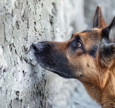 a dog sniffing mold in the wall