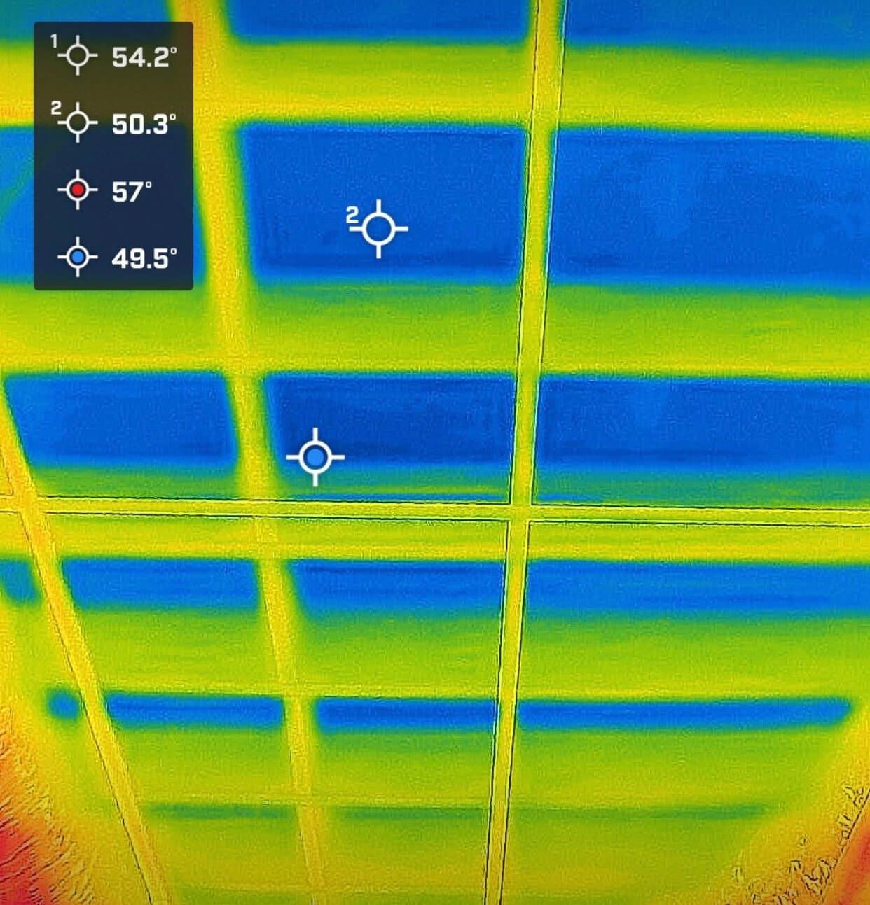 Infrared camera. Dark blue shows excessive moisture